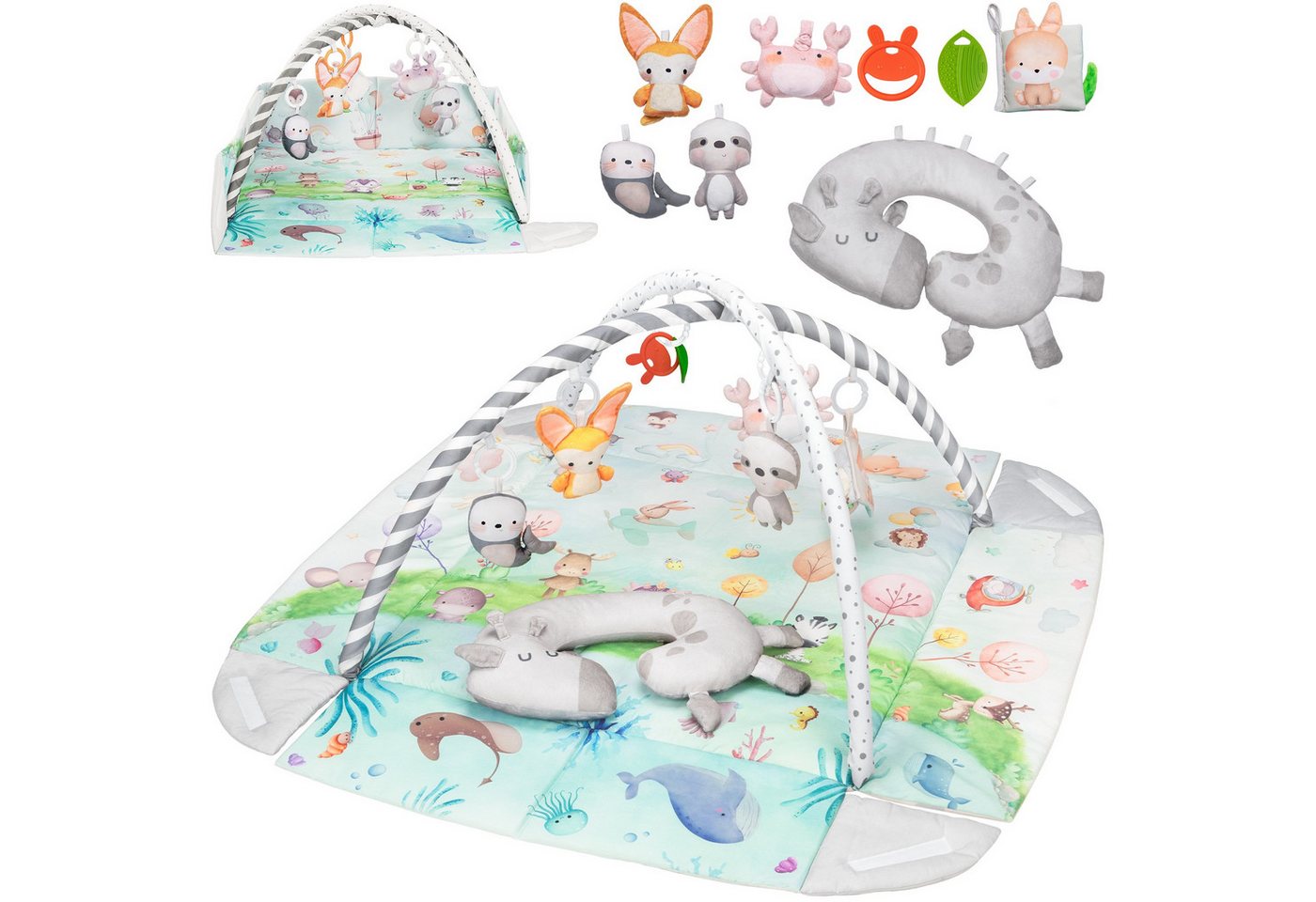 lionelo Spielmatte ANIKA NATURAL (Set, Spieldecke/8 Spielzeuge/Tummy-Time-Kissen/2 Beißringe), Bambusbezug/8Spielzeuge/aufklappbar/waschbar/0+ Bild 4