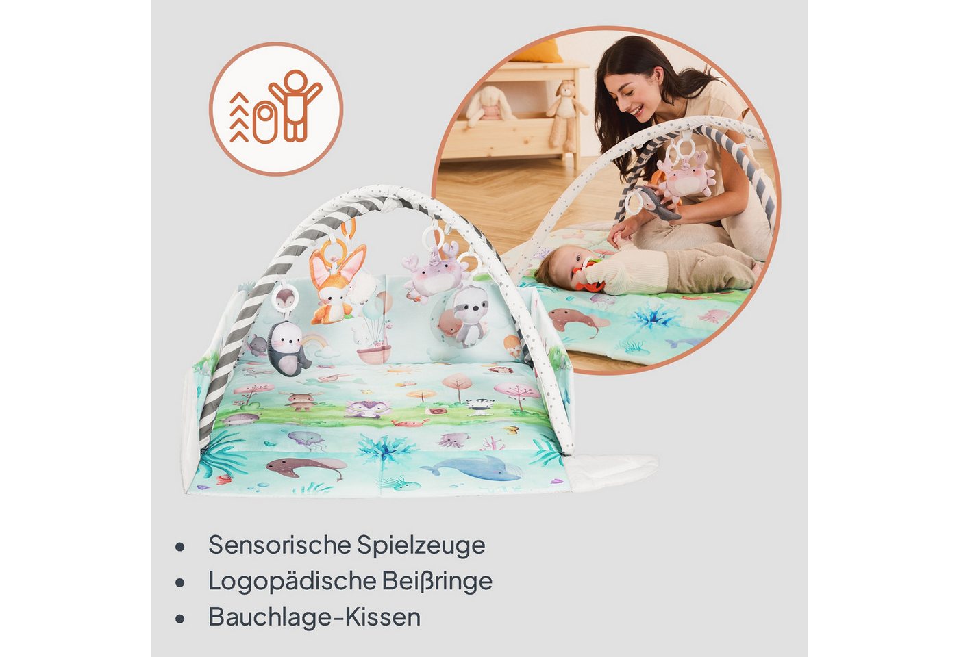 lionelo Spielmatte ANIKA NATURAL (Set, Spieldecke/8 Spielzeuge/Tummy-Time-Kissen/2 Beißringe), Bambusbezug/8Spielzeuge/aufklappbar/waschbar/0+ Bild 5