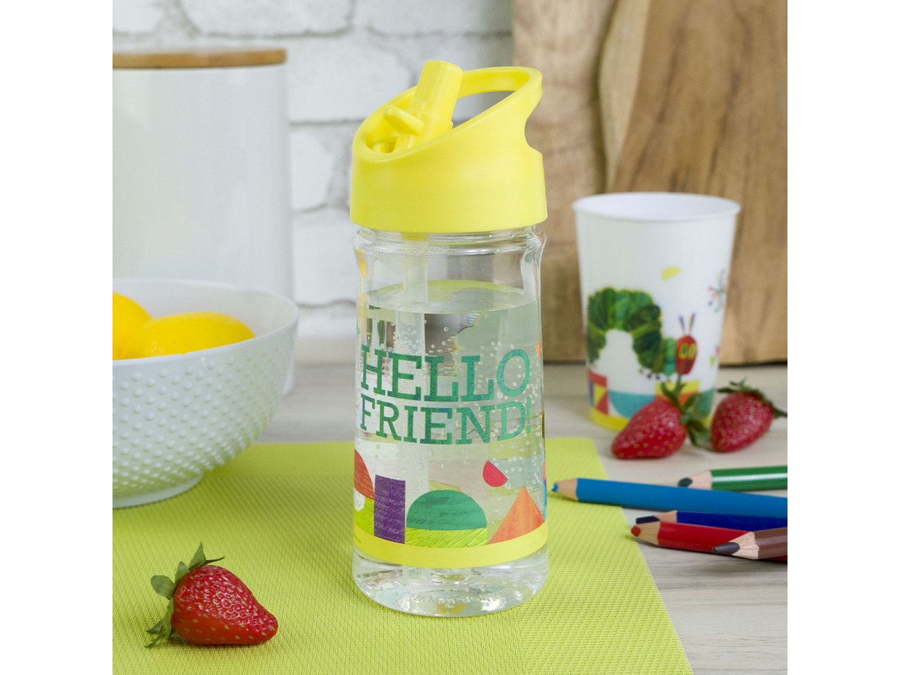 Geda Labels GmbH Trinkflasche Raupe Nimmersatt Hello Friend, Gelb, 370ml, nicht spülmaschinengeeignet
