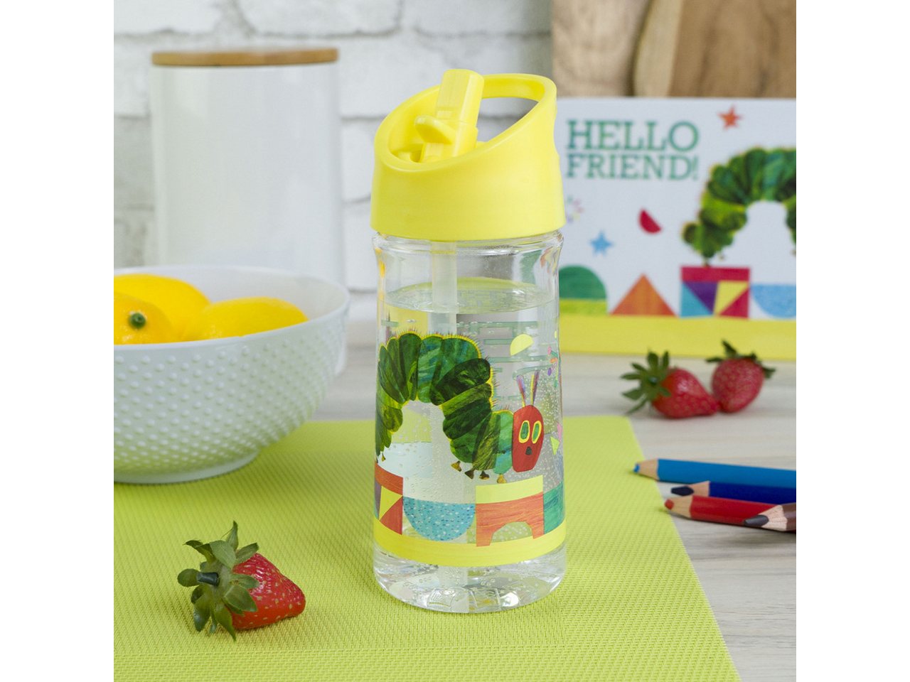Geda Labels GmbH Trinkflasche Raupe Nimmersatt Hello Friend, Gelb, 370ml, nicht spülmaschinengeeignet Bild 2