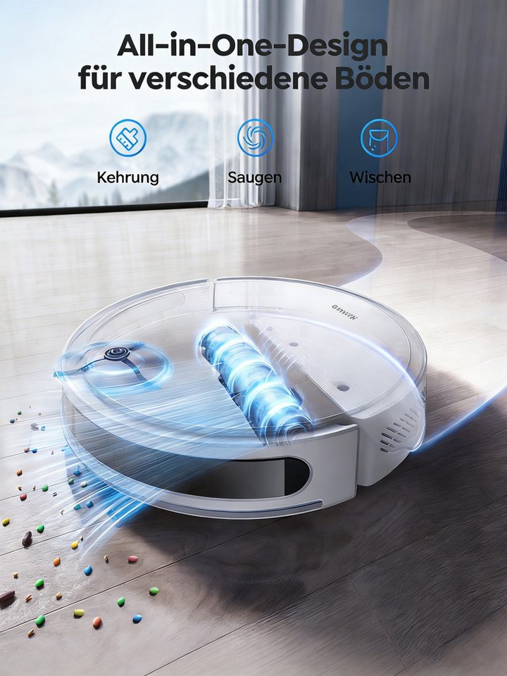 Honiture Saugroboter T10 mit Wischfunktion,6000Pa Saugkraft,120Min Anti-Tangle System, komfortabel, perfekt für Reisen, Nickerchen und erholsamen Schlaf