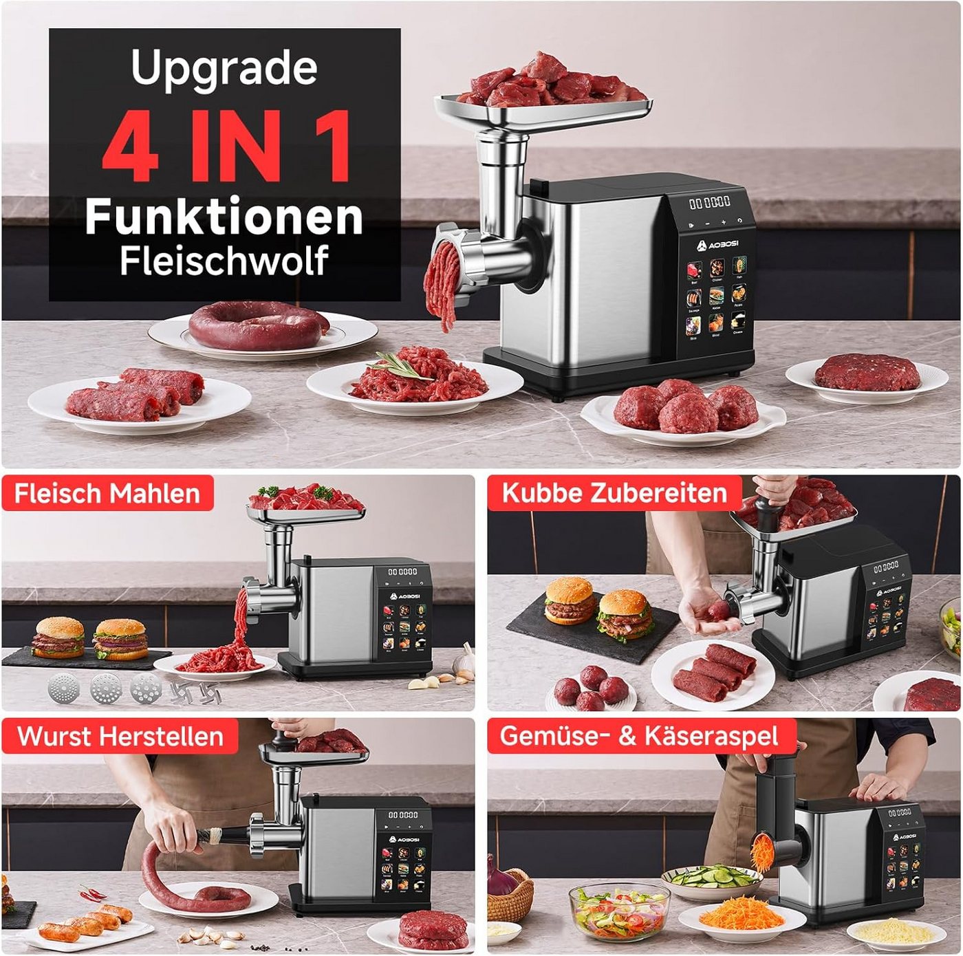 AMZCHEF Fleischwolf CE-AZ-MG10OT2C-SV, 3000 W, 3000W mit LED-Anzeige, 9 Geschwindigkeitsstufen