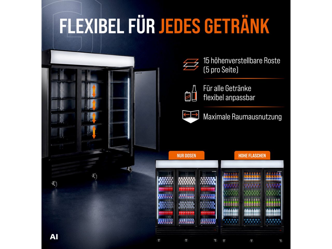 GastroHero Getränkekühlschrank Getränkekühlschrank 1500 mit Klapptüren, schwarz, LED, Leuchtaufsa GKS-1500KT, 213.5 cm hoch, 171 cm breit