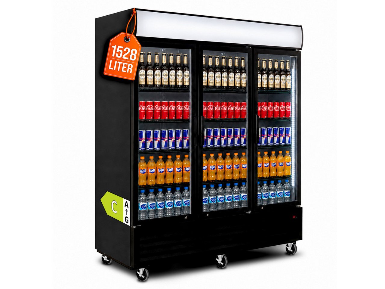 GastroHero Getränkekühlschrank Getränkekühlschrank 1500 mit Klapptüren, schwarz, LED, Leuchtaufsa GKS-1500KT, 213.5 cm hoch, 171 cm breit Bild 2