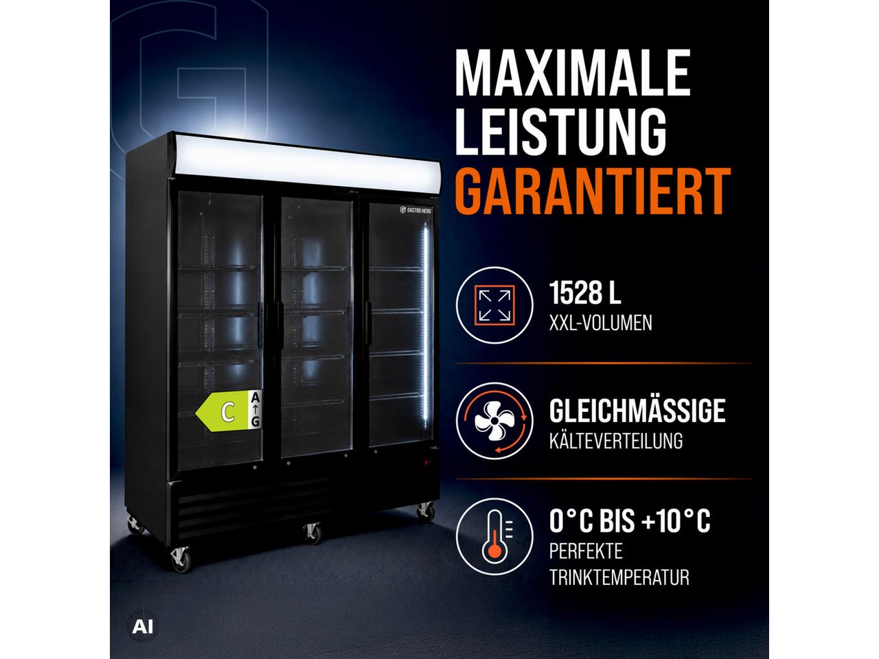 GastroHero Getränkekühlschrank Getränkekühlschrank 1500 mit Klapptüren, schwarz, LED, Leuchtaufsa GKS-1500KT, 213.5 cm hoch, 171 cm breit Bild 3