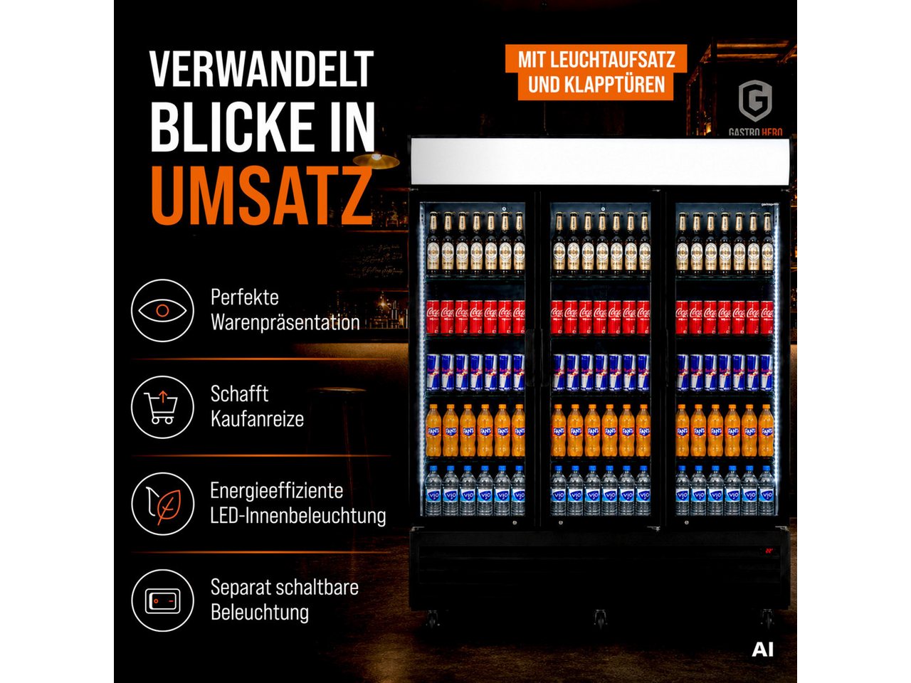 GastroHero Getränkekühlschrank Getränkekühlschrank 1500 mit Klapptüren, schwarz, LED, Leuchtaufsa GKS-1500KT, 213.5 cm hoch, 171 cm breit Bild 4