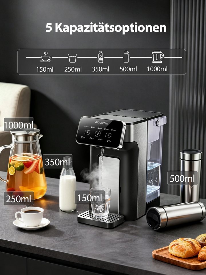 Aigostar Heißwasserspender Edelstahl 3L mit Filter-Slot, 3s Turbo Aufheizung Instant-Wasserkocher, 2600 W, 4 Temperaturstufen, Abtropfschale, kompatibel mit Brita-Filtern