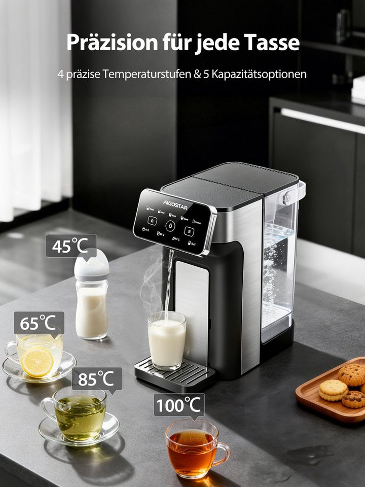 Aigostar Heißwasserspender Edelstahl 3L mit Filter-Slot, 3s Turbo Aufheizung Instant-Wasserkocher, 2600 W, 4 Temperaturstufen, Abtropfschale, kompatibel mit Brita-Filtern Bild 2
