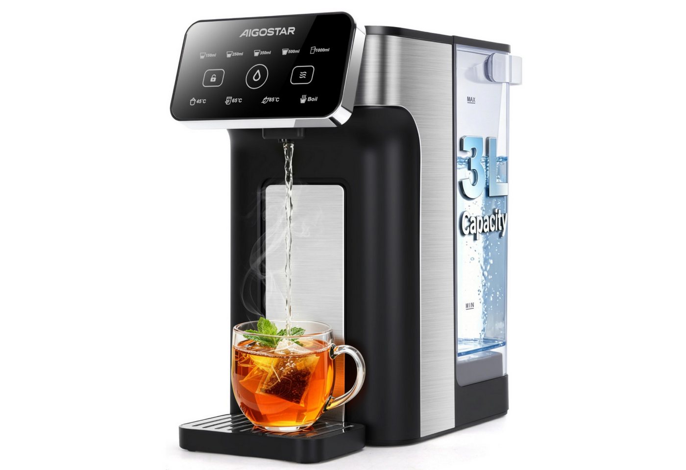 Aigostar Heißwasserspender Edelstahl 3L mit Filter-Slot, 3s Turbo Aufheizung Instant-Wasserkocher, 2600 W, 4 Temperaturstufen, Abtropfschale, kompatibel mit Brita-Filtern Bild 3