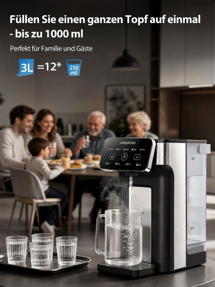 Aigostar Heißwasserspender Edelstahl 3L mit Filter-Slot, 3s Turbo Aufheizung Instant-Wasserkocher, 2600 W, 4 Temperaturstufen, Abtropfschale, kompatibel mit Brita-Filtern Bild 4