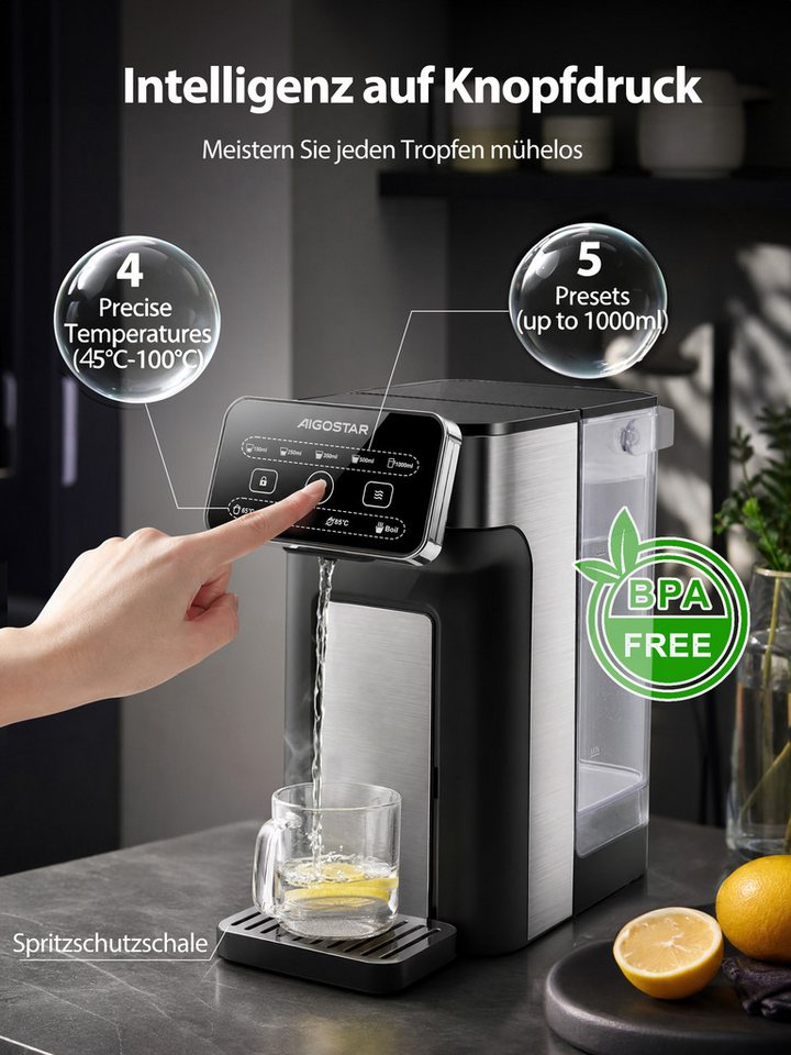Aigostar Heißwasserspender Edelstahl 3L mit Filter-Slot, 3s Turbo Aufheizung Instant-Wasserkocher, 2600 W, 4 Temperaturstufen, Abtropfschale, kompatibel mit Brita-Filtern Bild 5