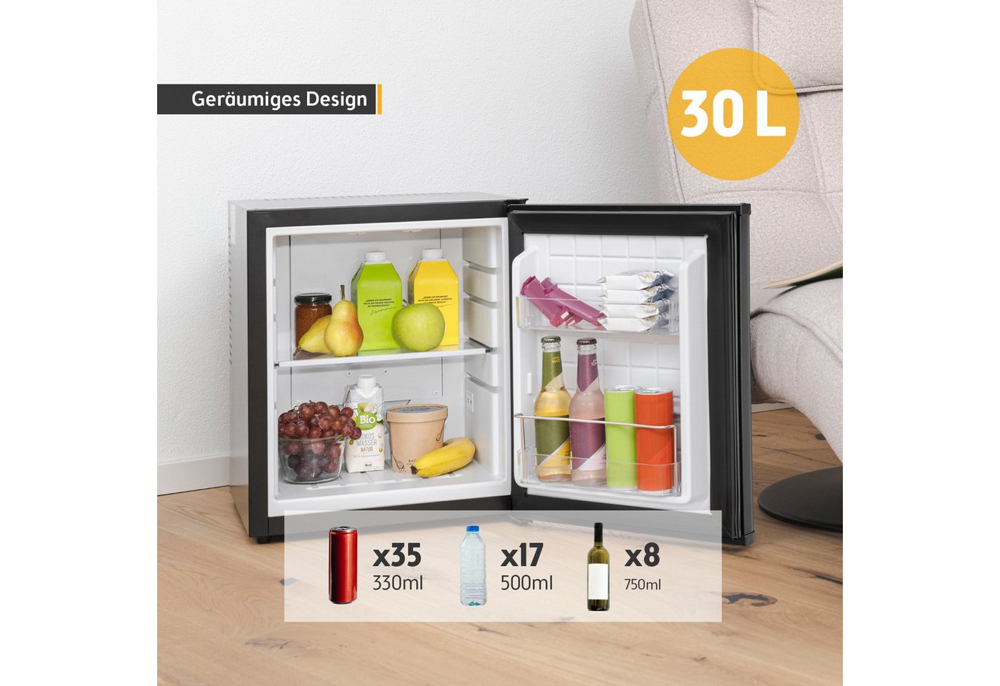 TZS FIRST AUSTRIA Table Top Kühlschrank 30L, Lautlos & Vibrationsfrei FA-5173-1-BA, 48 cm hoch, 40 cm breit, Minibar mit LED-Beleuchtung & leisem Betrieb Bild 4