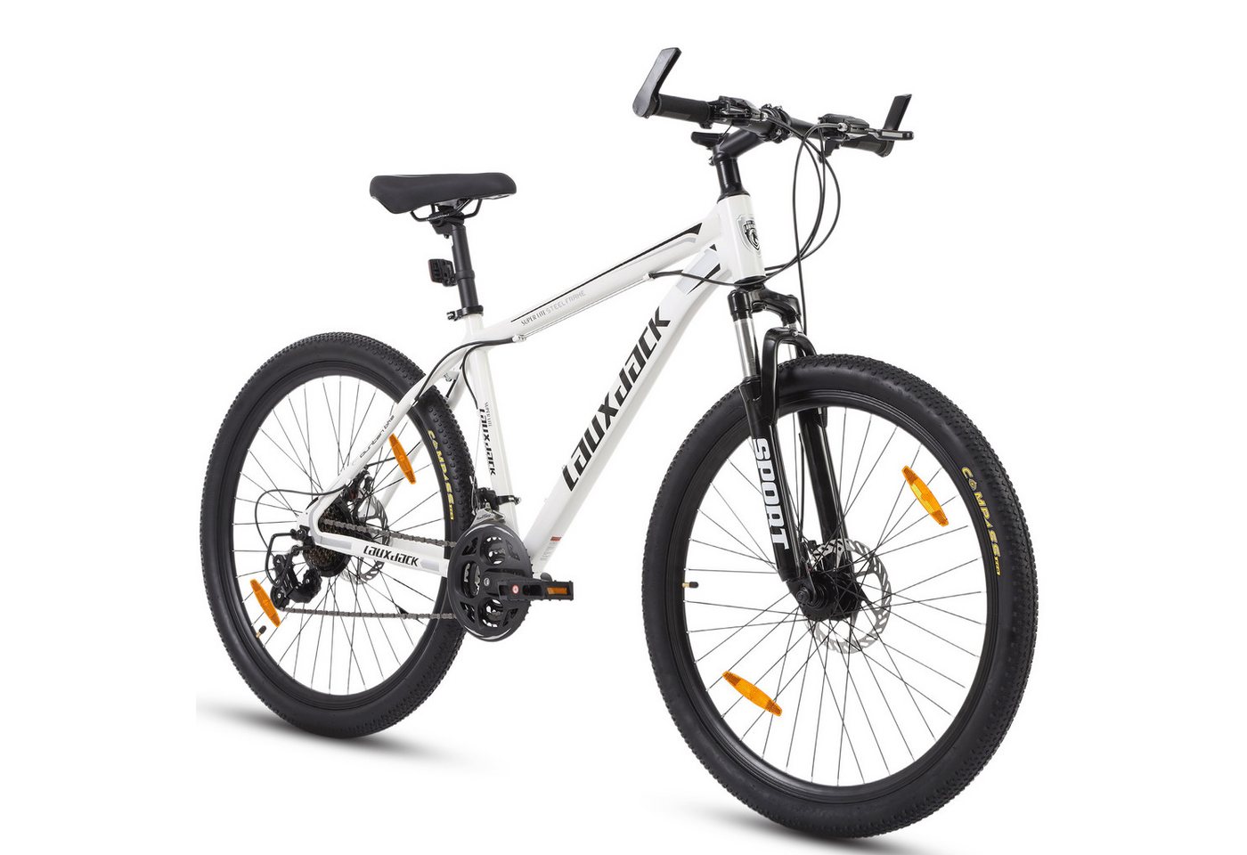 Lauxjack Mountainbike 28 Zoll, Weiß, Shimano, Scheibenbremsen und Federgabel, 21 Gang Shimano Tourney RD-TY300/200 Schaltwerk, Kettenschaltung, (Set), Hardtail MTB für Damen und Herren, Alltag, Arbeitsweg und Freizeit