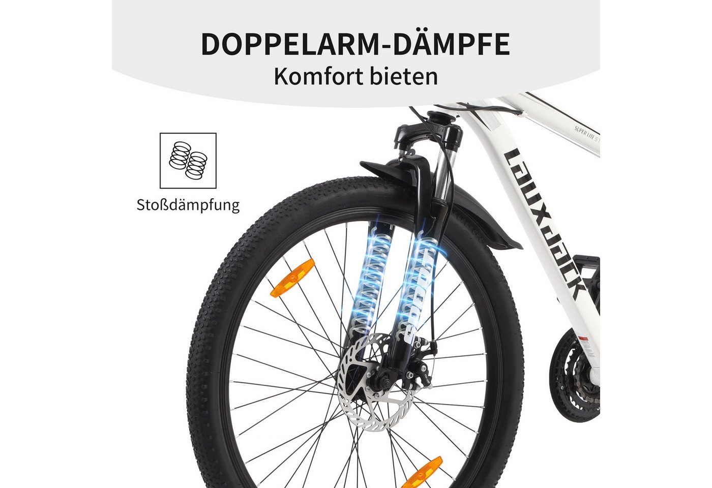 Lauxjack Mountainbike 28 Zoll, Weiß, Shimano, Scheibenbremsen und Federgabel, 21 Gang Shimano Tourney RD-TY300/200 Schaltwerk, Kettenschaltung, (Set), Hardtail MTB für Damen und Herren, Alltag, Arbeitsweg und Freizeit Bild 3