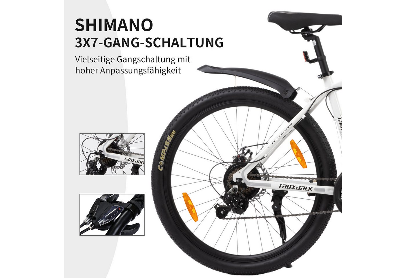 Lauxjack Mountainbike 28 Zoll, Weiß, Shimano, Scheibenbremsen und Federgabel, 21 Gang Shimano Tourney RD-TY300/200 Schaltwerk, Kettenschaltung, (Set), Hardtail MTB für Damen und Herren, Alltag, Arbeitsweg und Freizeit Bild 4