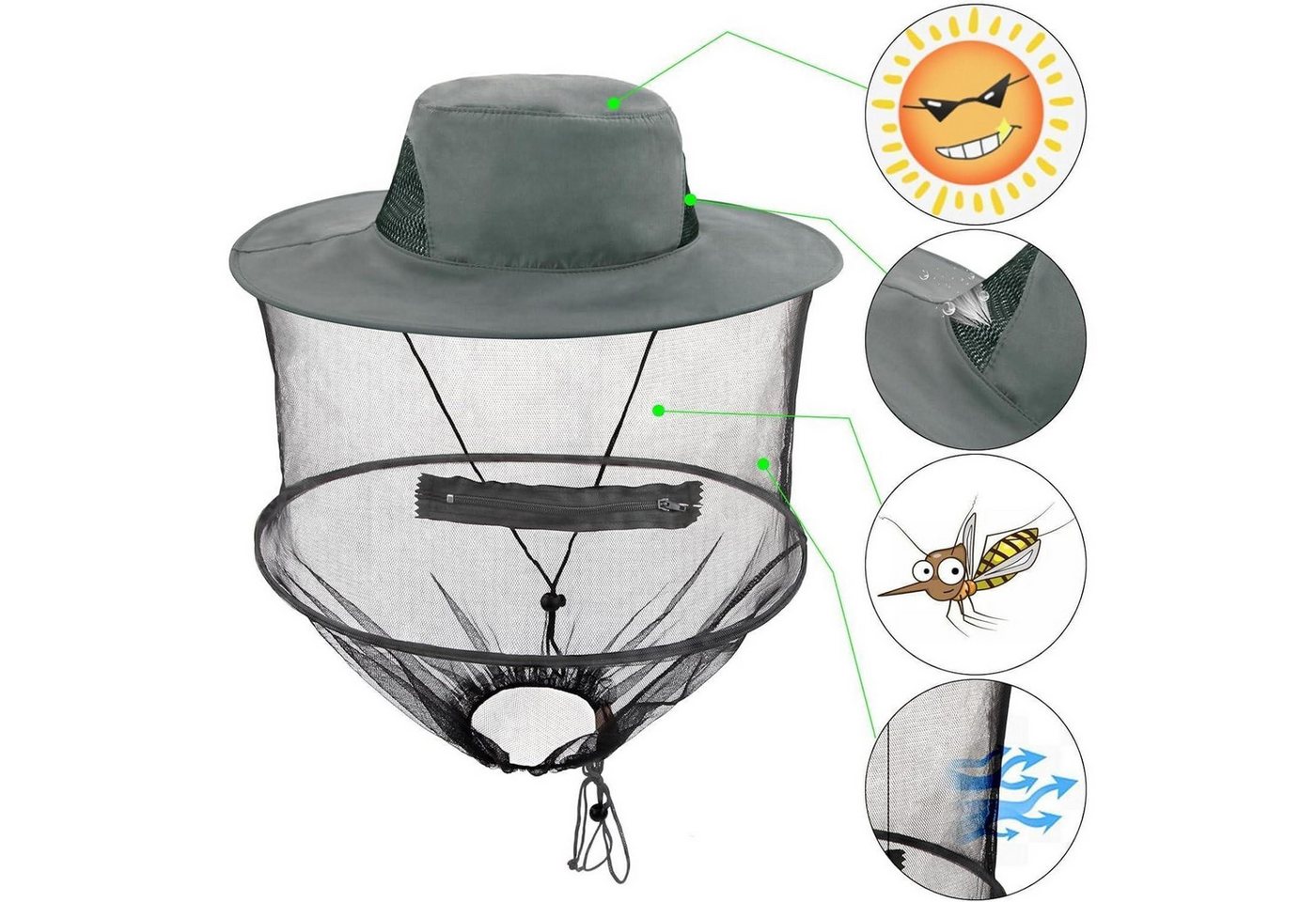 LuxusKollektion Fliegenhaube Imkerhut Moskitonetz Grau Sonnenhut mit abnehmbarem Kopfnetz Schnell Bild 2