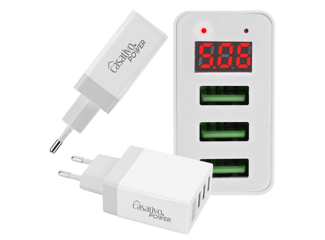 Casativo Multi-Port USB Ladegerät 3 USB-A Ports LED-Display 5V/2.4A je Port USB-Ladegerät (1-tlg., 2×USB 5V/2,4A, max. 3,1A/15,5W, LED-Display für Spannung & Strom)