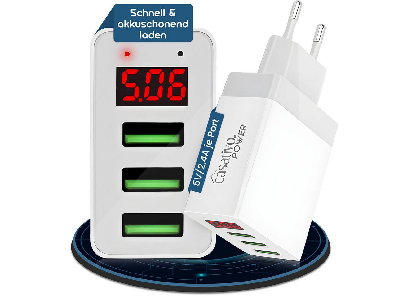 Casativo Multi-Port USB Ladegerät 3 USB-A Ports LED-Display 5V/2.4A je Port USB-Ladegerät (1-tlg., 2×USB 5V/2,4A, max. 3,1A/15,5W, LED-Display für Spannung & Strom) Bild 3