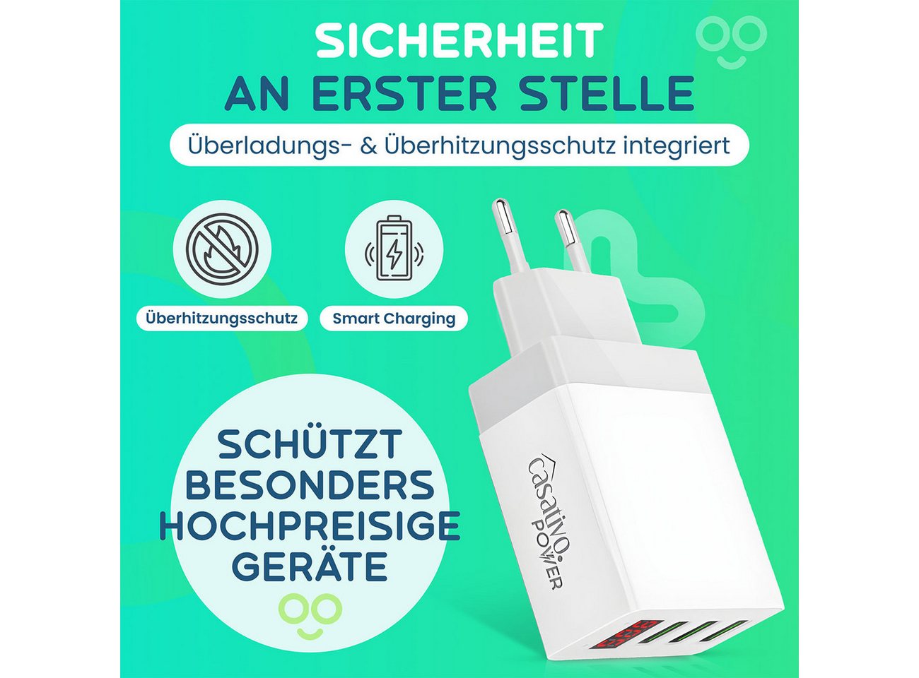 Casativo Multi-Port USB Ladegerät 3 USB-A Ports LED-Display 5V/2.4A je Port USB-Ladegerät (2-tlg., 2×USB 5V/2,4A, max. 3,1A/15,5W, LED-Display für Spannung & Strom) Bild 2