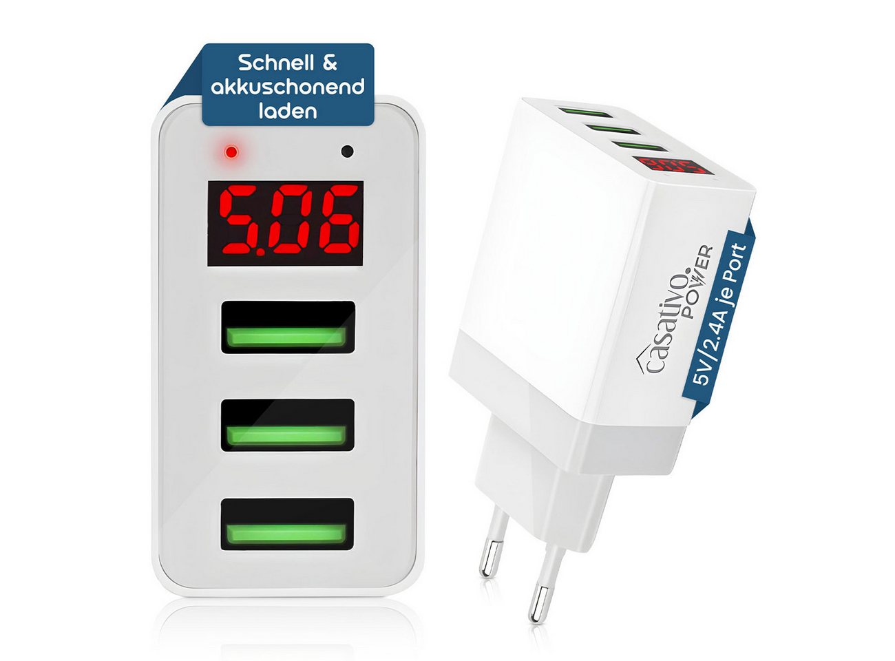 Casativo Multi-Port USB Ladegerät 3 USB-A Ports LED-Display 5V/2.4A je Port USB-Ladegerät (2-tlg., 2×USB 5V/2,4A, max. 3,1A/15,5W, LED-Display für Spannung & Strom) Bild 4