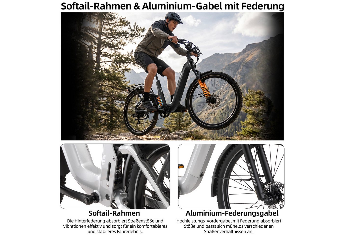 TTGO E-Bike Cityrad 28 Zoll, Fully, Vollfederung, 120km, Drehmomentsensor, mit Bremslicht, 7 Gang Shimano, Kettenschaltung, Heckmotor, 720 Wh, (Hydraulische Scheibenbremsen, 5 Stufen, Farb-LCD-Display), Lockout-Federgabel, 70Nm, Pedelec, Elektrofahrrad für Damen und Herren Bild 2