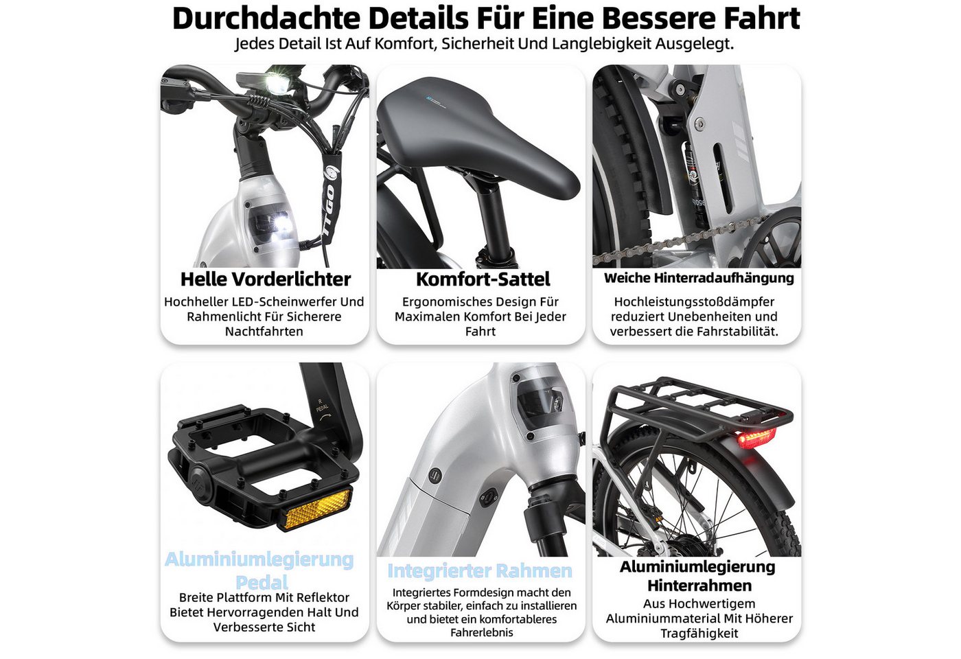 TTGO E-Bike Cityrad 28 Zoll, Fully, Vollfederung, 120km, Drehmomentsensor, mit Bremslicht, 7 Gang Shimano, Kettenschaltung, Heckmotor, 720 Wh, (Hydraulische Scheibenbremsen, 5 Stufen, Farb-LCD-Display), Lockout-Federgabel, 70Nm, Pedelec, Elektrofahrrad für Damen und Herren Bild 3