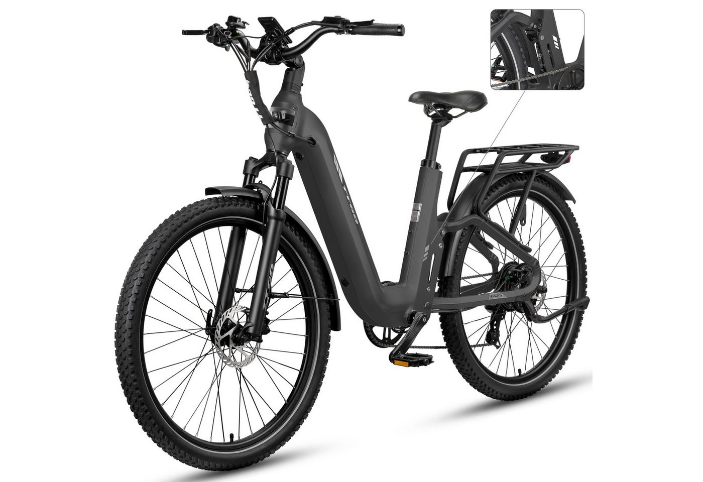 TTGO E-Bike Cityrad 28 Zoll, Fully, Vollfederung, 120km, Drehmomentsensor, mit Bremslicht, 7 Gang Shimano, Kettenschaltung, Heckmotor, 720 Wh, (Hydraulische Scheibenbremsen, 5 Stufen, Farb-LCD-Display), Lockout-Federgabel, 70Nm, Pedelec, Elektrofahrrad für Damen und Herren Bild 4