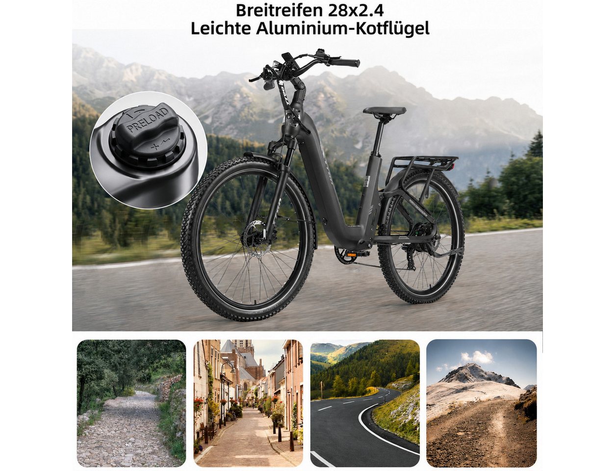 TTGO E-Bike Cityrad 28 Zoll, Fully, Vollfederung, 120km, Drehmomentsensor, mit Bremslicht, 7 Gang Shimano, Kettenschaltung, Heckmotor, 720 Wh, (Hydraulische Scheibenbremsen, 5 Stufen, Farb-LCD-Display), Lockout-Federgabel, 70Nm, Pedelec, Elektrofahrrad für Damen und Herren Bild 5