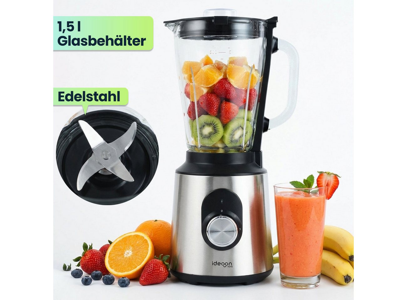 shop'n smile ideoon Standmixer Edelstahl Standmixer 1,5L Glasbehälter 1000W Küchenmixer rutschfest, 1000 W, 1,5 L, 1000 W, 2 Stufen + Pulse, Edelstahl/Glas, spülmaschinenfest Bild 2