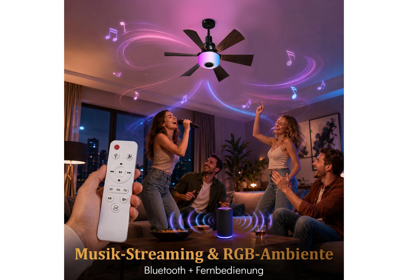 Lapamax Deckenventilator mit Beleuchtung, E27-Fassung Dimmbar Ventilator, 52CM, Höhenverstellbar, mit Bluetooth-LautsprecherGeschwindigkeitsstufen Bild 2