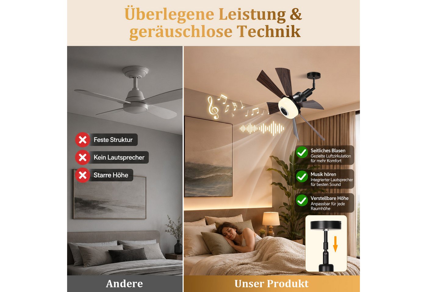 Lapamax Deckenventilator mit Beleuchtung, E27-Fassung Dimmbar Ventilator, 52CM, Höhenverstellbar, mit Bluetooth-LautsprecherGeschwindigkeitsstufen Bild 4