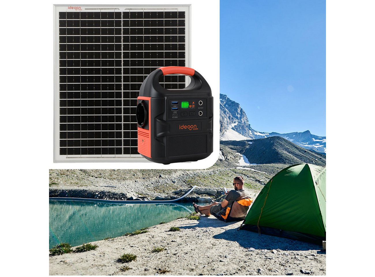 shop'n smile ideoon Mobiles Powerstation Set 88,8Wh 20W Solarmodul 230V Steckdose Leuchte Powerstation (20W Leistung, Max. Netzspannung (Vmp): 19,5 V, Leerlaufspannung (Voc): 21,8 V V), 20W Modul IP65, 230V, PD 65W & LED-Leuchte