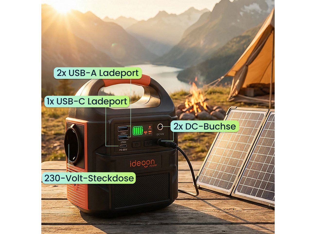 shop'n smile ideoon Mobiles Powerstation Set 88,8Wh 20W Solarmodul 230V Steckdose Leuchte Powerstation (20W Leistung, Max. Netzspannung (Vmp): 19,5 V, Leerlaufspannung (Voc): 21,8 V V), 20W Modul IP65, 230V, PD 65W & LED-Leuchte Bild 4