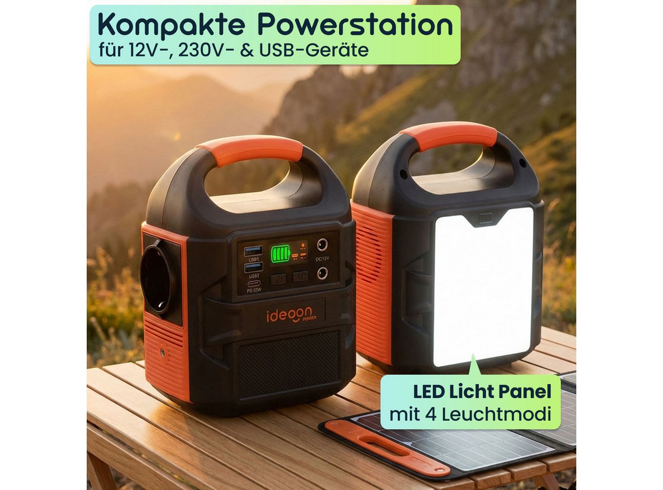 shop'n smile ideoon Mobiles Powerstation Set 88,8Wh 20W Solarmodul 230V Steckdose Leuchte Powerstation (20W Leistung, Max. Netzspannung (Vmp): 19,5 V, Leerlaufspannung (Voc): 21,8 V V), 20W Modul IP65, 230V, PD 65W & LED-Leuchte Bild 5