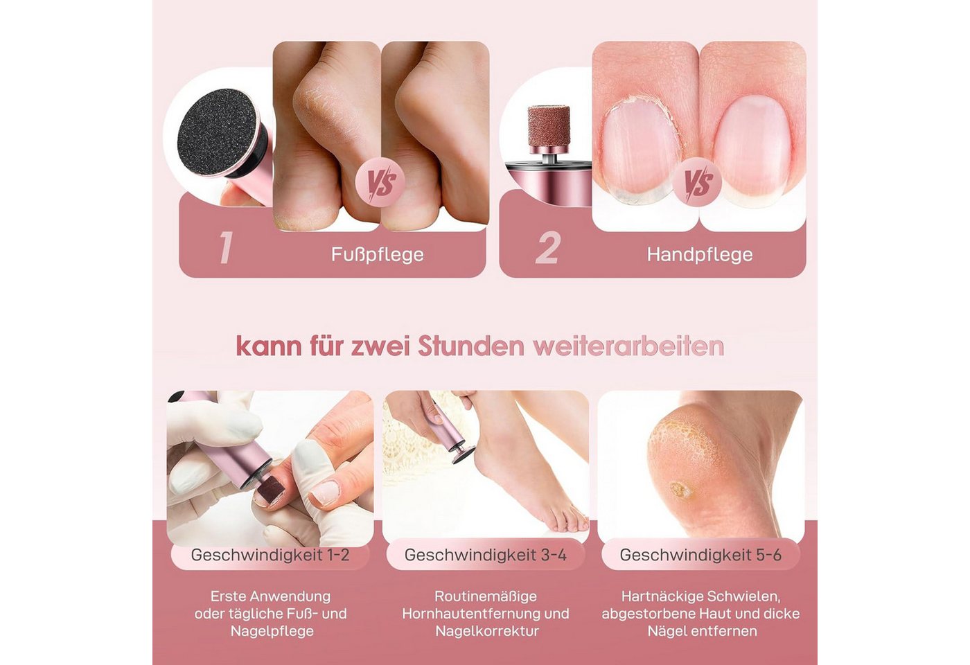 AKKEE Elektrischer Hornhautentferner 2 in 1 Nagelfeile, Fußpflegegerät-Set, 6-stufig einstellbar Bild 5