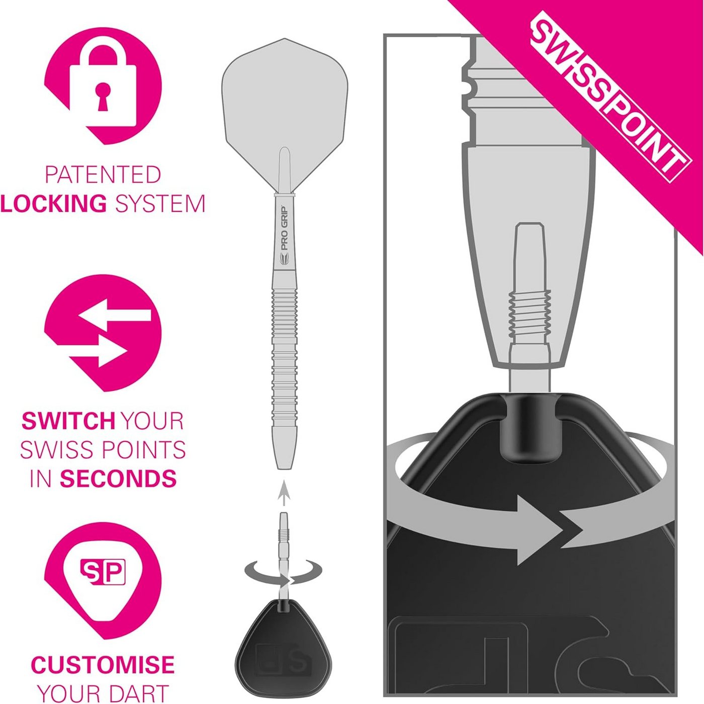 TARGET DARTS Dartpfeil 2 Set Swiss Points, Nano Dartspitzen (6 Stck) 30MM, Silber