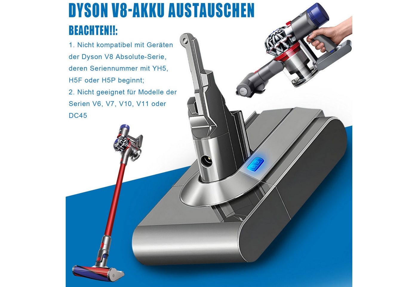 AKKEE 4600mAh Ersatzakku für Dyson V8 SV10 Akku Li-Ionen Batterie Staubsauger-Akku, Für Dyson V8 Absolute V8 Animal V8 Fluffy V8 Motorhead SV10 Bild 2