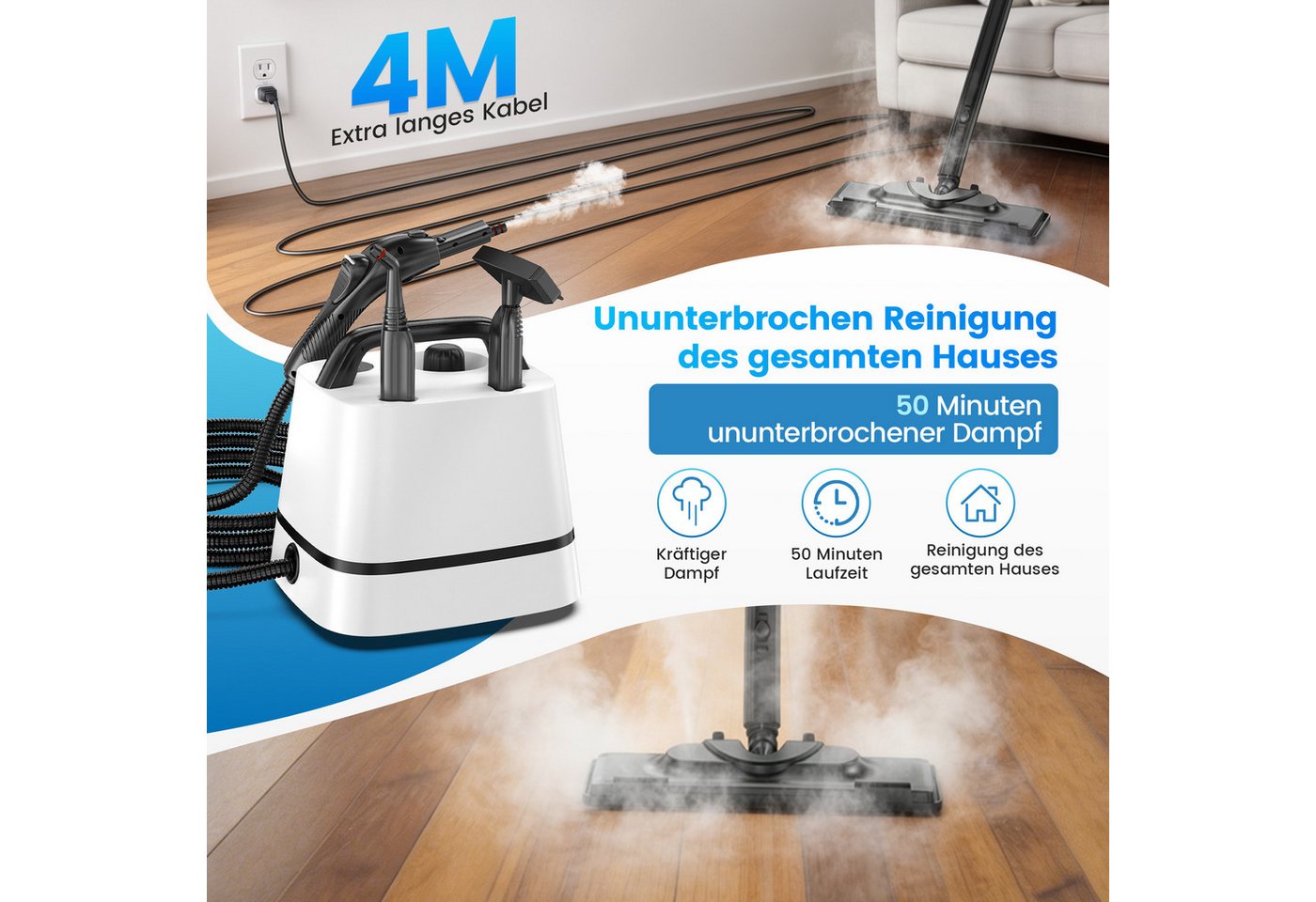INSE Dampfreiniger G3 Dampfreiniger dampfmopp wischmapp set, 2000 W, beutellos, 65 PSI&120°C, 5 Min Schnellaufheizung, 1500ML Tank, 7-teiliges Zubehör