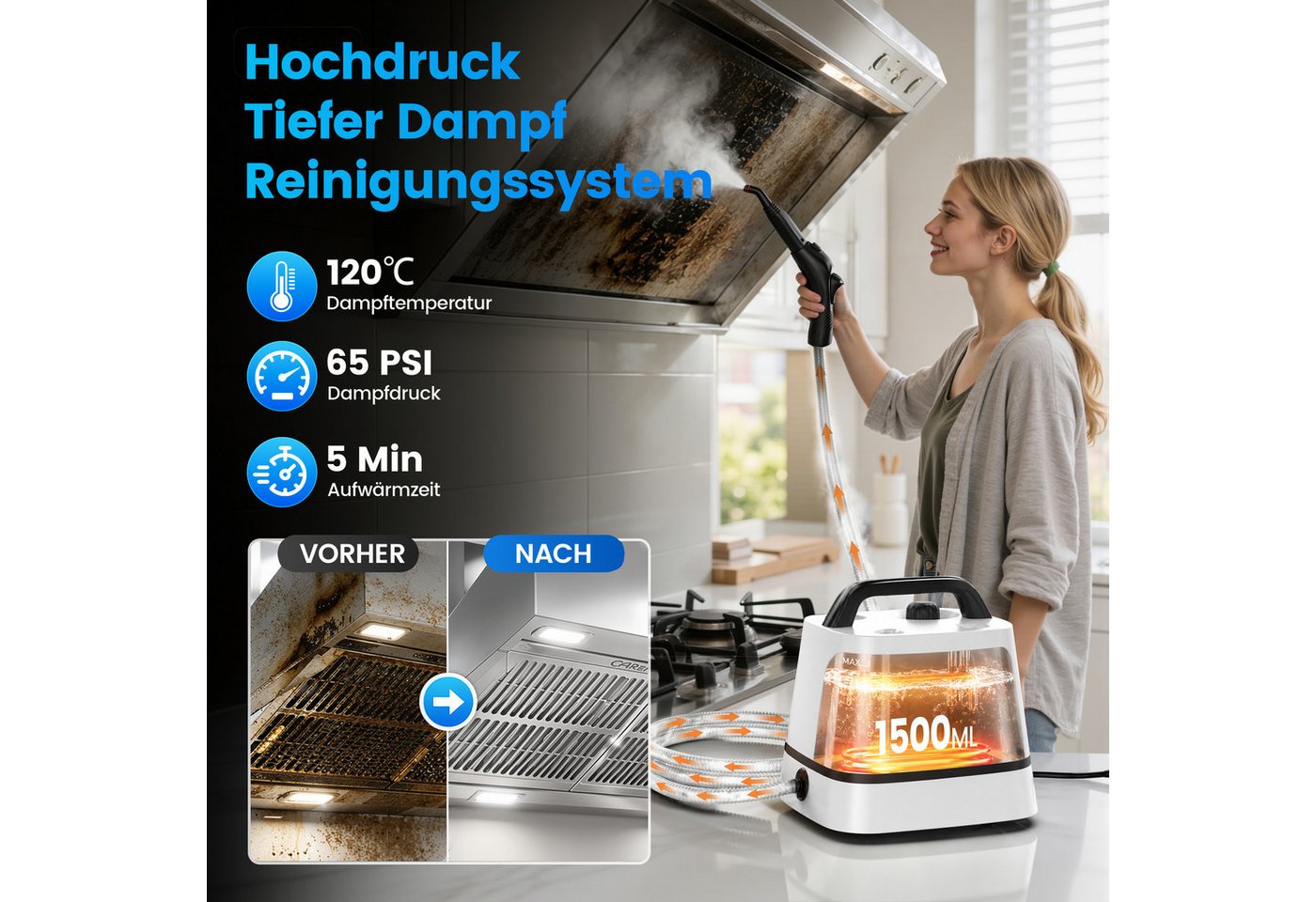 INSE Dampfreiniger G3 Dampfreiniger dampfmopp wischmapp set, 2000 W, beutellos, 65 PSI&120°C, 5 Min Schnellaufheizung, 1500ML Tank, 7-teiliges Zubehör Bild 2