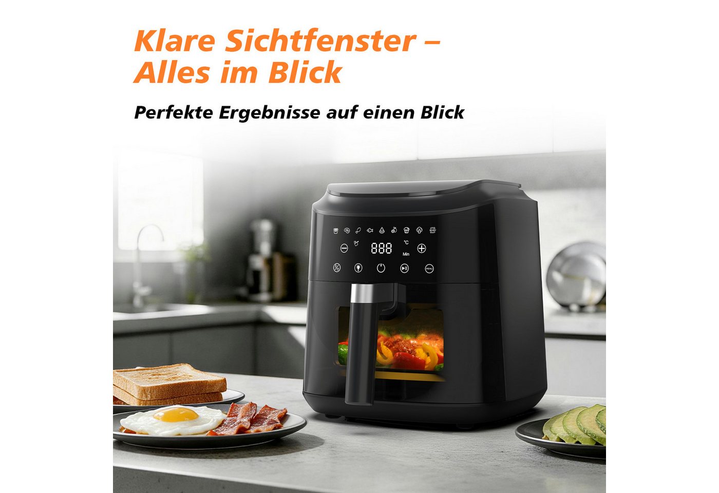 AIMAX Heißluftfritteuse Airfryer 6 Liter, 9 Programme, ohne Öl, Sichtfenster, Touchdisplay, 1650 W, Innenbeleuchtung, fettarm, 360° Heißluft, spülmaschinenfest, Timer