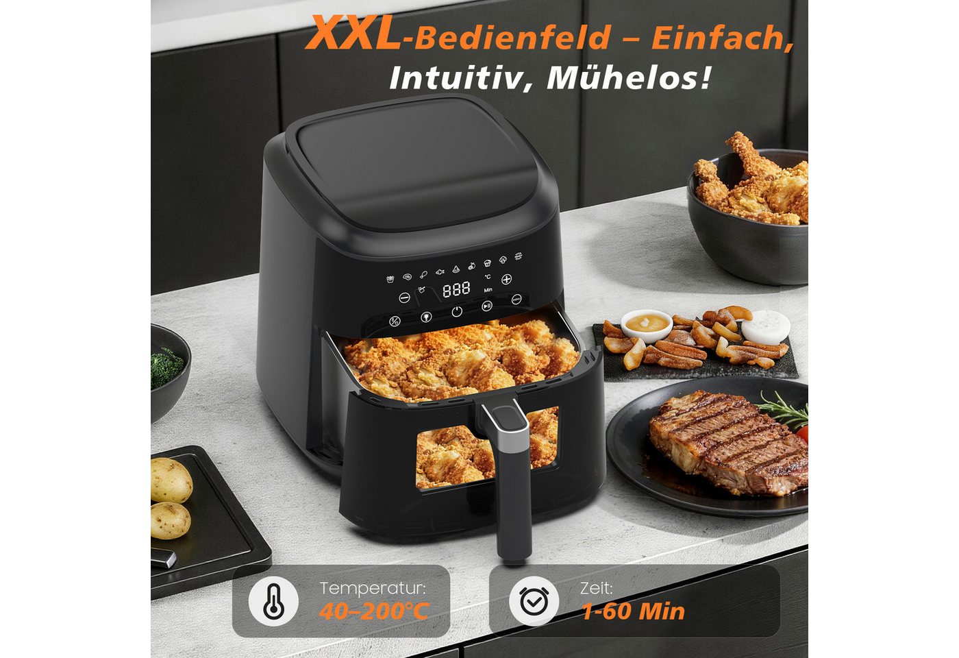 AIMAX Heißluftfritteuse Airfryer 6 Liter, 9 Programme, ohne Öl, Sichtfenster, Touchdisplay, 1650 W, Innenbeleuchtung, fettarm, 360° Heißluft, spülmaschinenfest, Timer Bild 3