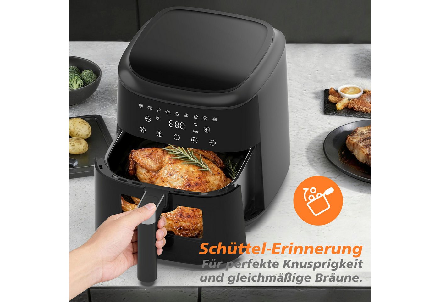 AIMAX Heißluftfritteuse Airfryer 6 Liter, 9 Programme, ohne Öl, Sichtfenster, Touchdisplay, 1650 W, Innenbeleuchtung, fettarm, 360° Heißluft, spülmaschinenfest, Timer Bild 4