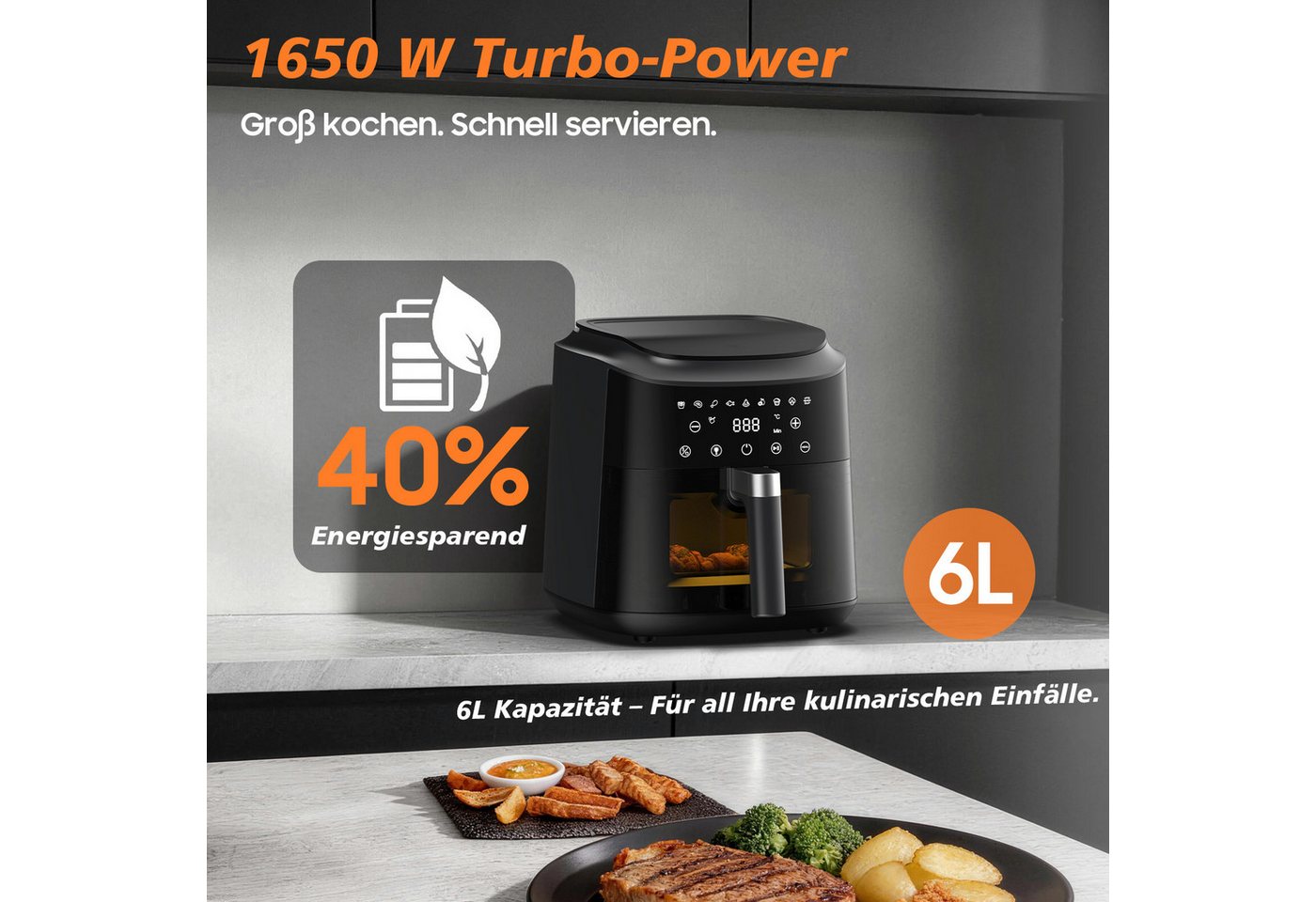 AIMAX Heißluftfritteuse Airfryer 6 Liter, 9 Programme, ohne Öl, Sichtfenster, Touchdisplay, 1650 W, Innenbeleuchtung, fettarm, 360° Heißluft, spülmaschinenfest, Timer Bild 5