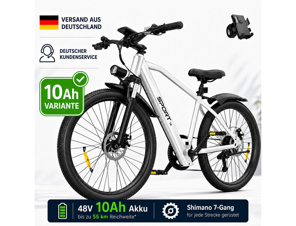 PixelPilot E-Bike Cityrad 26 Zoll Elektrofahrrad 48V 10Ah Akku, Shimano 7-Gang, Abnehmbarer Korb, 7 Gang, Nabenmotor, 468 Wh, (Packung) Bild 5