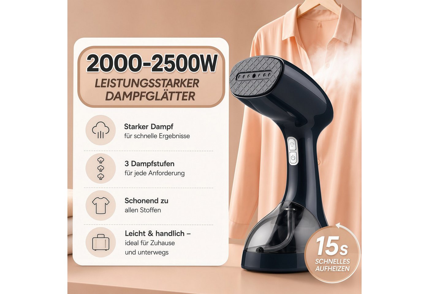 ibettertec Dampfglätter Dampfbügeleisen 2000-2500W Hand-Dampfglätter mit 3 Dampfstufen, 2000 W, 265 ML Wassertank, Keramik-Dampfplatte, Reise-Dampfbürste für Kleidung