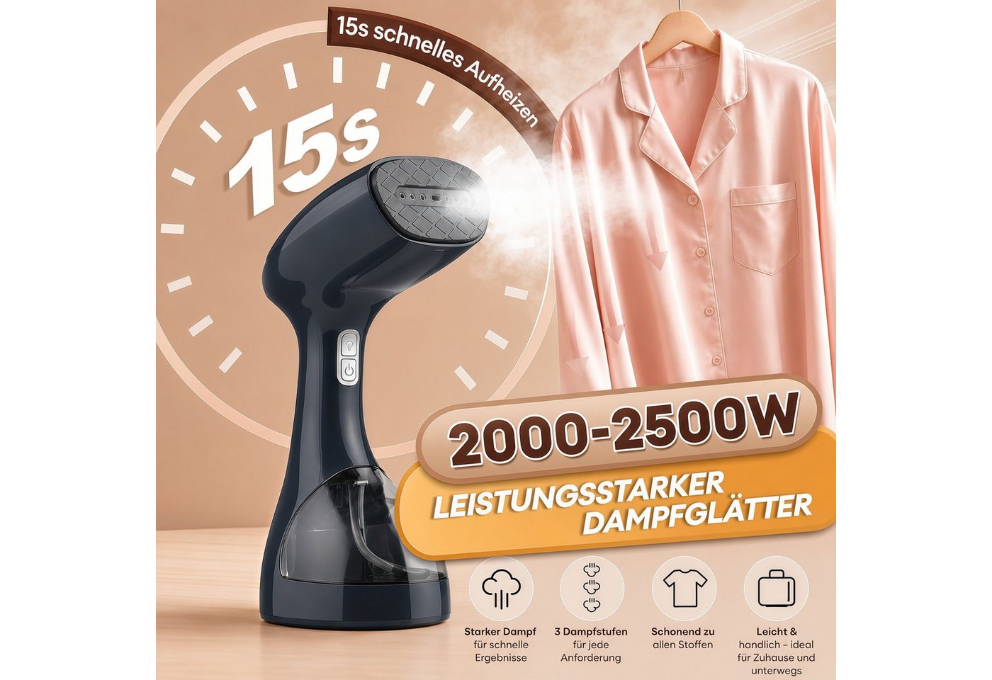 ibettertec Dampfglätter Dampfbügeleisen 2000-2500W Hand-Dampfglätter mit 3 Dampfstufen, 2000 W, 265 ML Wassertank, Keramik-Dampfplatte, Reise-Dampfbürste für Kleidung Bild 3