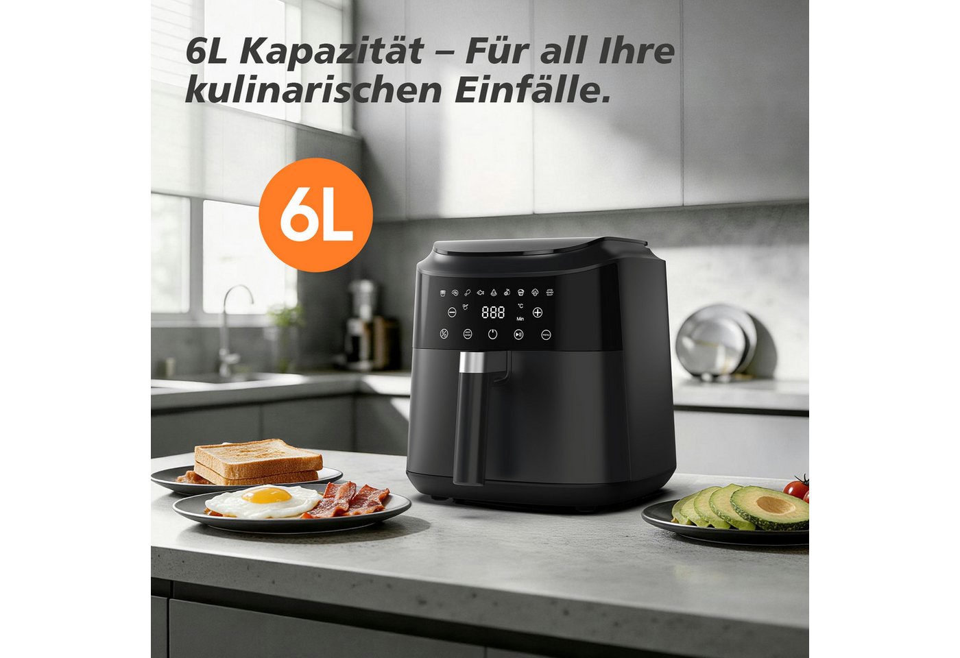 AIMAX Heißluftfritteuse Airfryer 6L, Touchdisplay, LED-Bildschirm, 9 Programme, ohne Öl, 1650 W, 360° Heißluft, Timer, 40–200°C, Spülmaschinenfest, fettarm