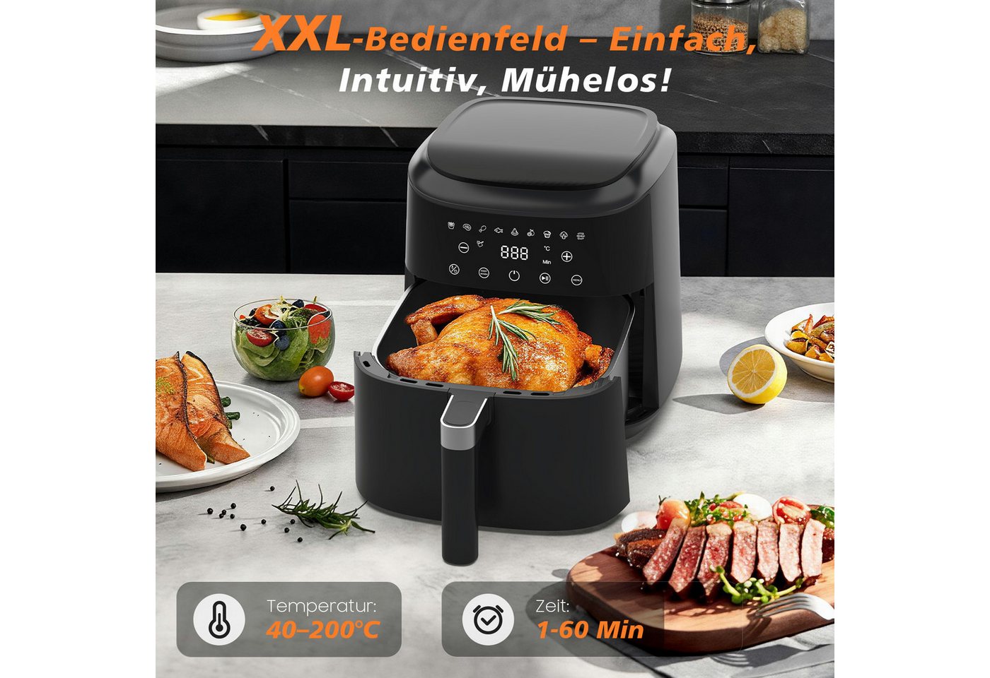 AIMAX Heißluftfritteuse Airfryer 6L, Touchdisplay, LED-Bildschirm, 9 Programme, ohne Öl, 1650 W, 360° Heißluft, Timer, 40–200°C, Spülmaschinenfest, fettarm Bild 3