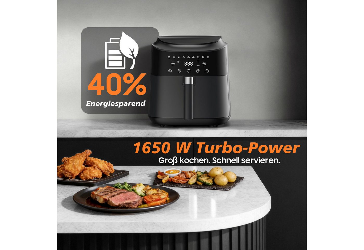 AIMAX Heißluftfritteuse Airfryer 6L, Touchdisplay, LED-Bildschirm, 9 Programme, ohne Öl, 1650 W, 360° Heißluft, Timer, 40–200°C, Spülmaschinenfest, fettarm Bild 5