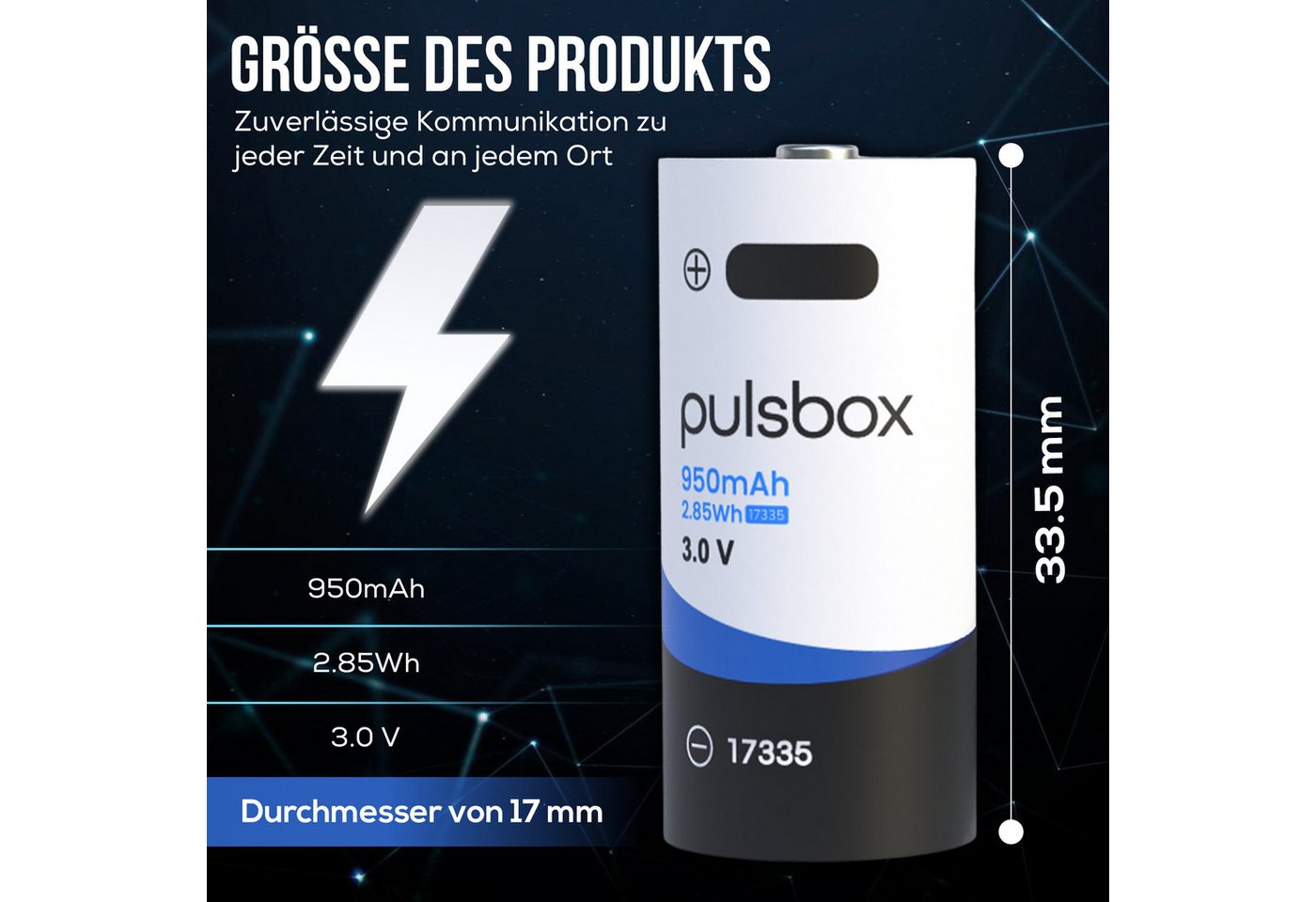 pulsbox RCR123A Akku Li-Ion 3.0V - 3.7V 950mAh USB-C wiederaufladbar Akku, - passend für CR123A 16340 Geräte